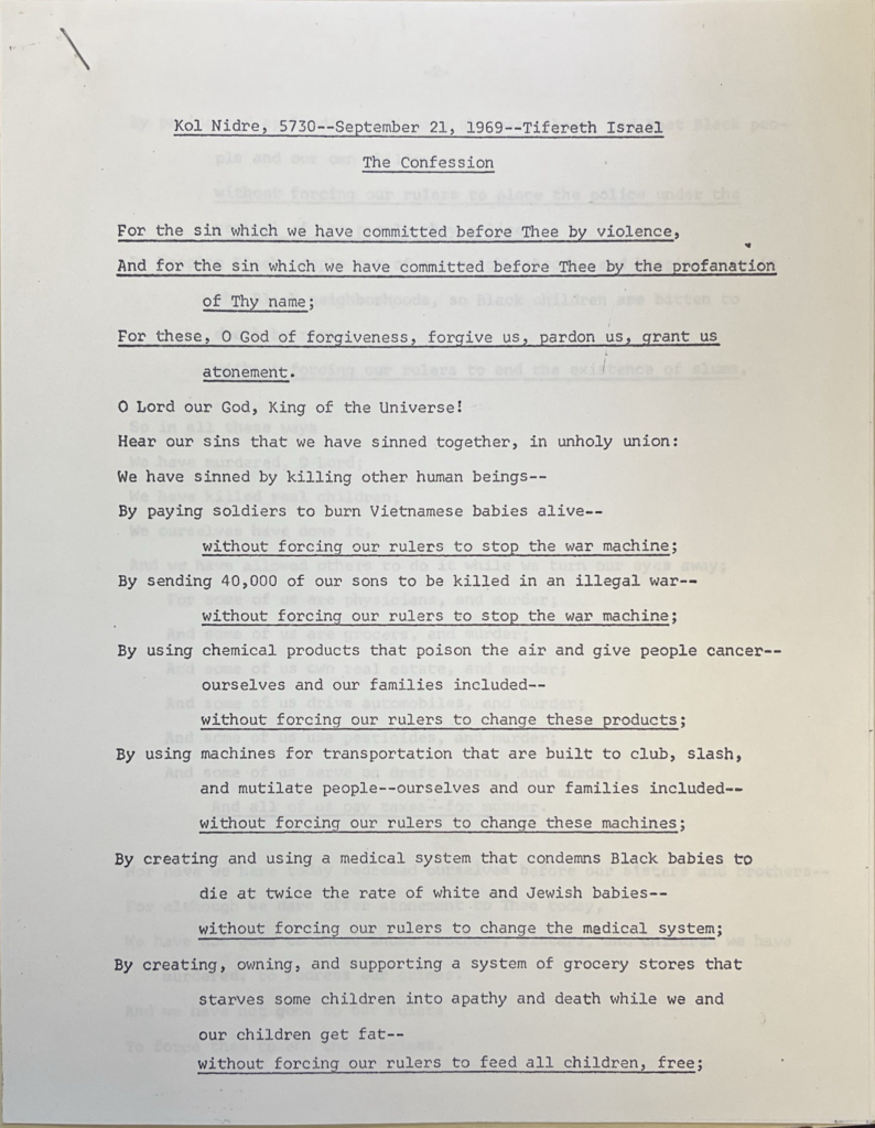 Waskow’s 1969 Yom Kippur address at Tifereth Israel, Jews for Urban Justice Records (I-159)