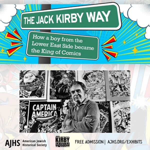 Jack Kirby Way street sign and portrait of the artist