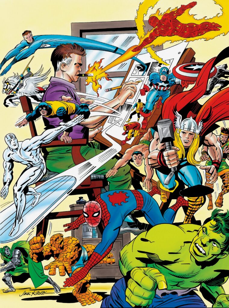Jack Kirby with his Marvel co-creations self-portrait