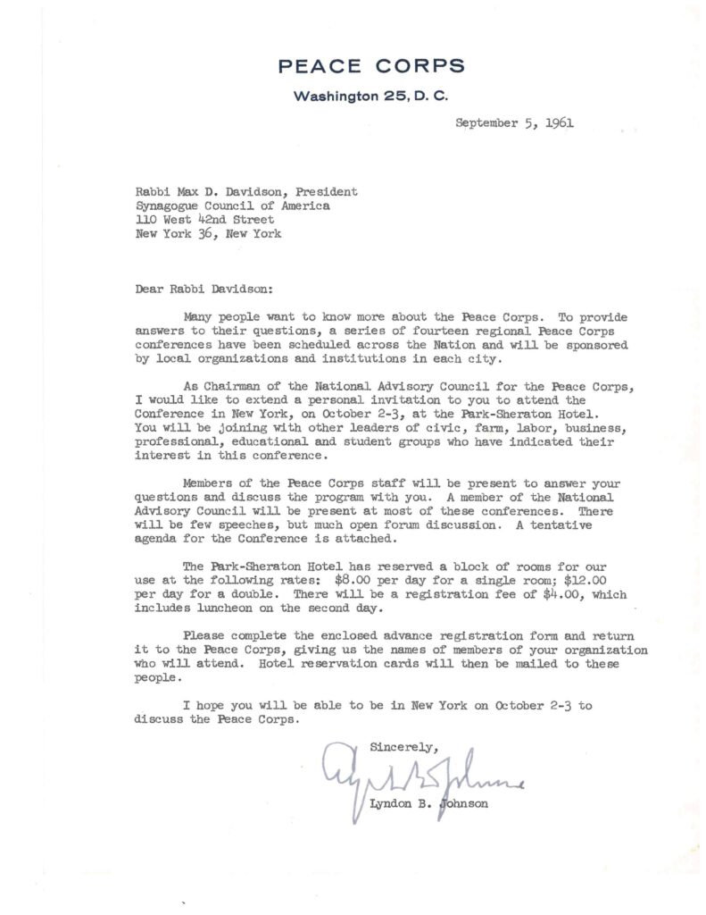 VP Lyndon Johnson to Rabbi Davidson of the Synagogue Council of America, September 5, 1961.