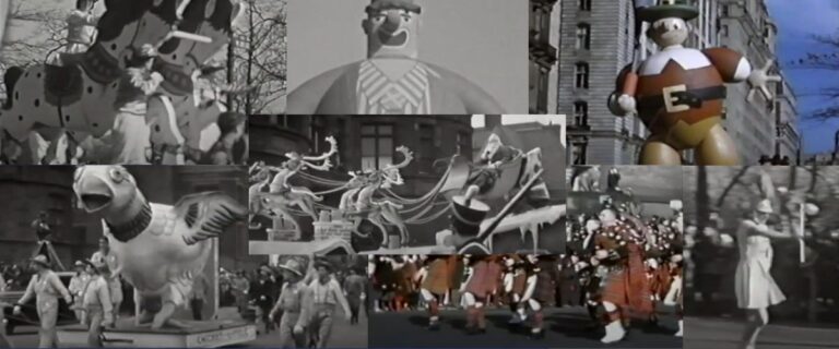 Differed images of balloons and floats in the parade.