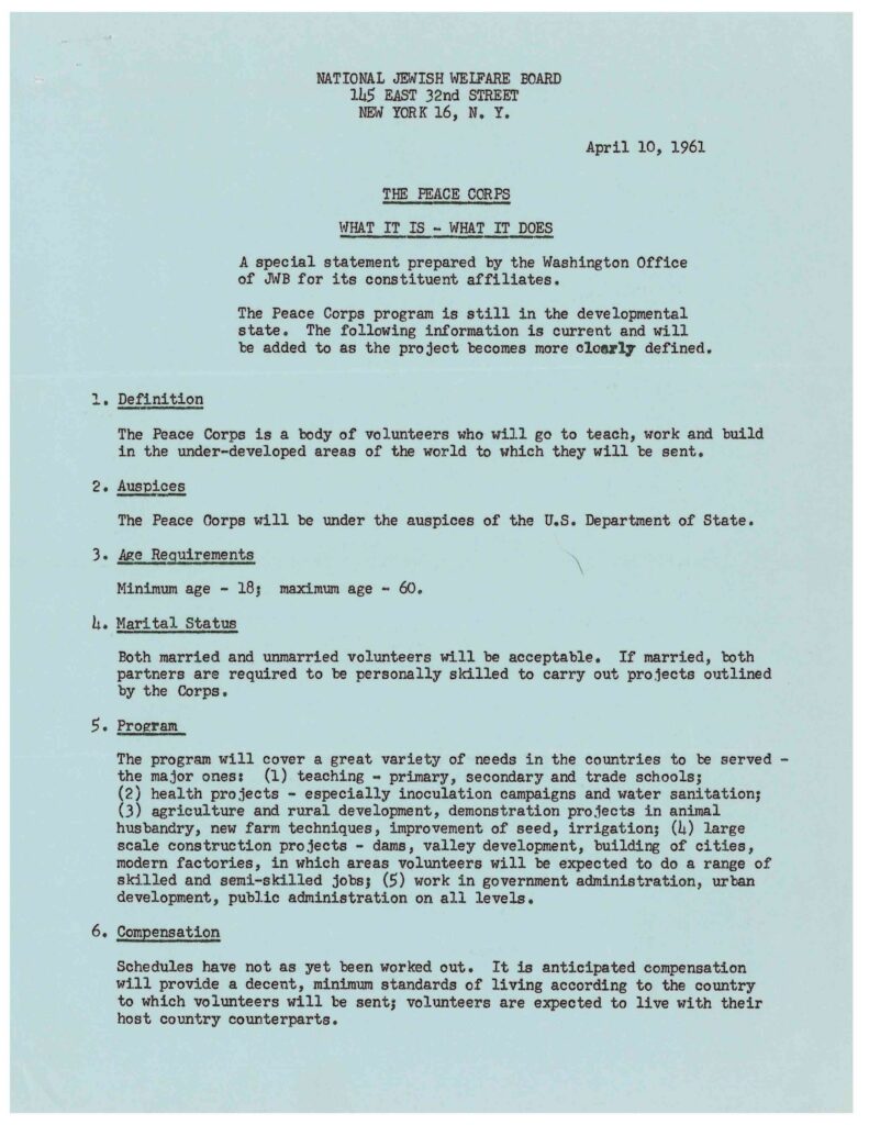 National Jewish Welfare Board: The Peace Corps, What It is--What It Does. NJWB Records. Box 599, Folder 2.